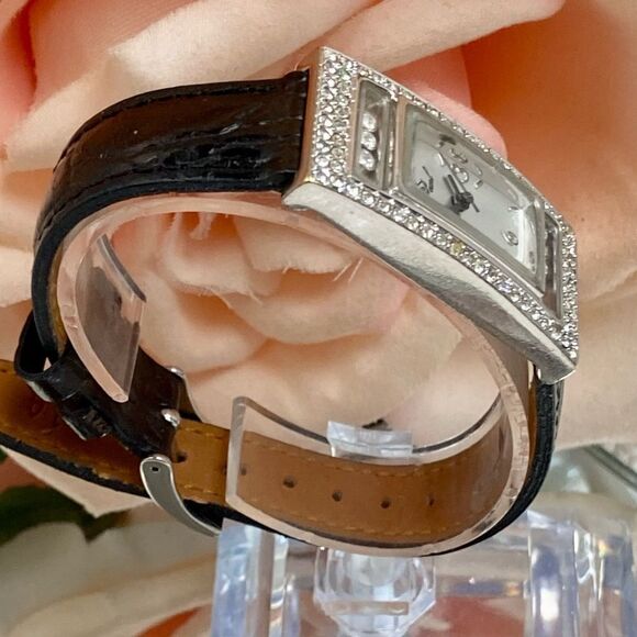 Pearl Rhinestone Embellished Art Deco Style Tank Watch with "Floating" Crystals - Picture 4 of 14